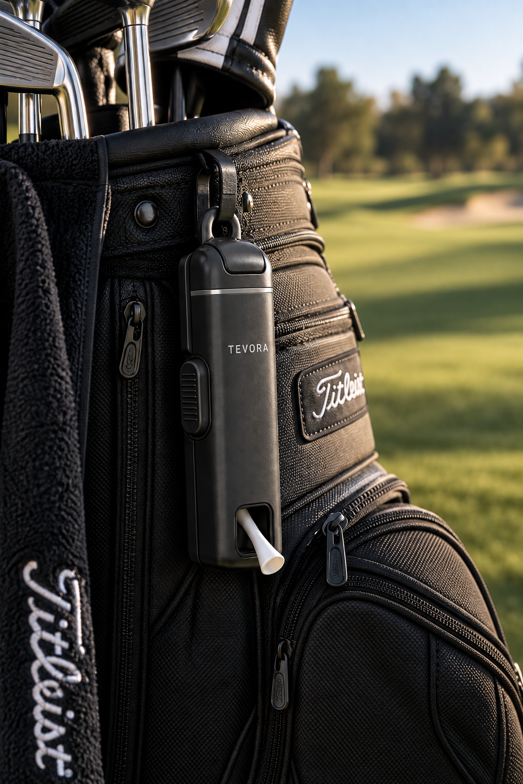 TeeBank clipped to a golf bag on the course, dispensing a tee
